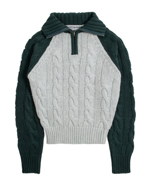COLOR BLOCK TURTLENECK ZIP UP KNIT PULLOVER [GREEN]