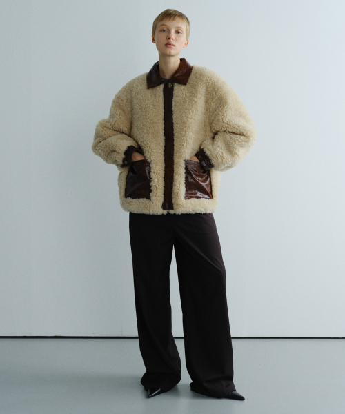 LEATHER COLORED FUR JACKET - BEIGE