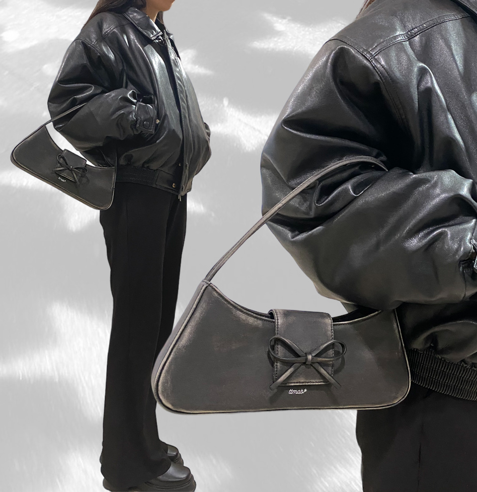 MUSINSA | TTMAB Bow Small Baguette Bag - Black Distressed