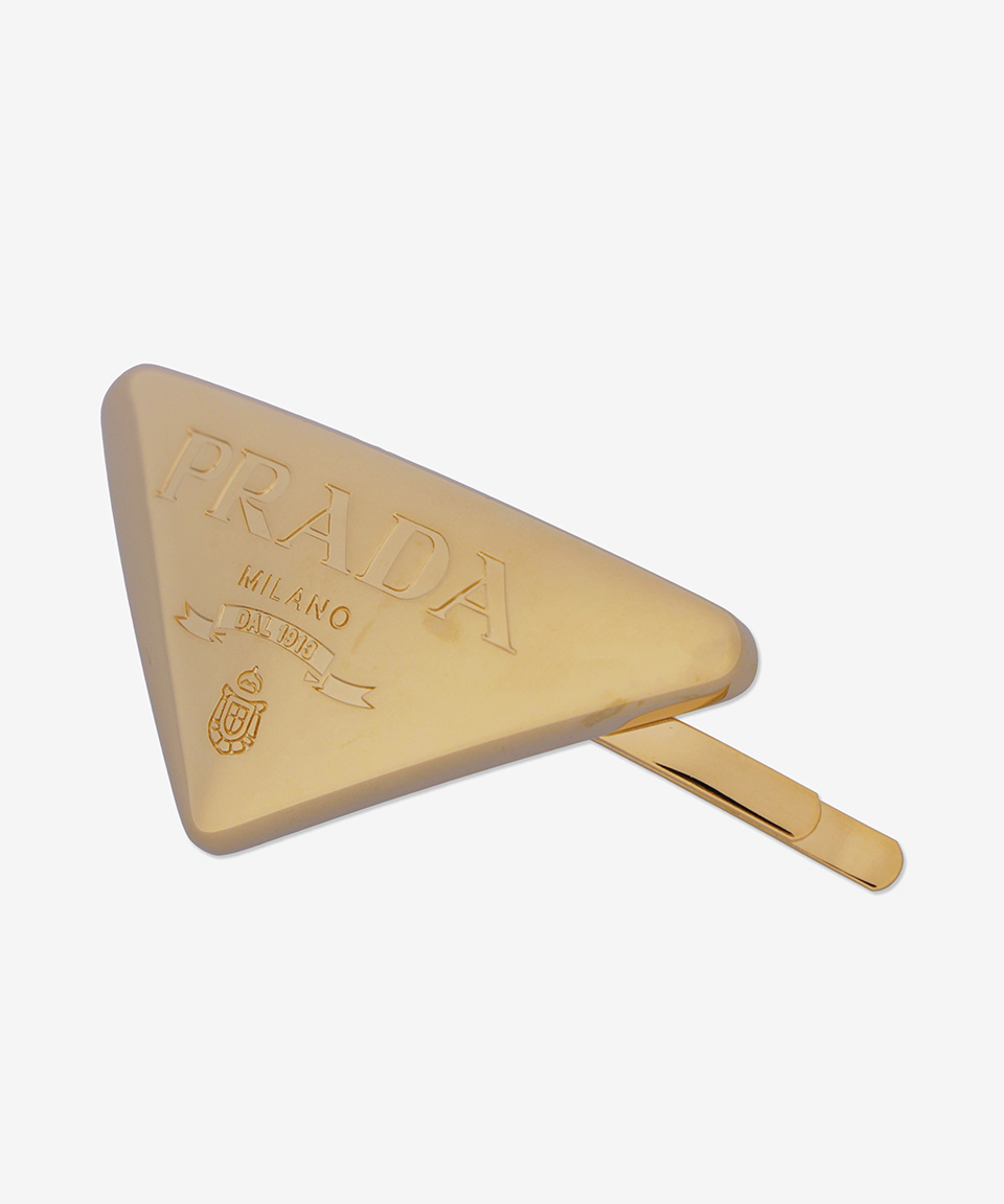 MUSINSA | PRADA Triangle Logo Metal Hair Clip - Gold
