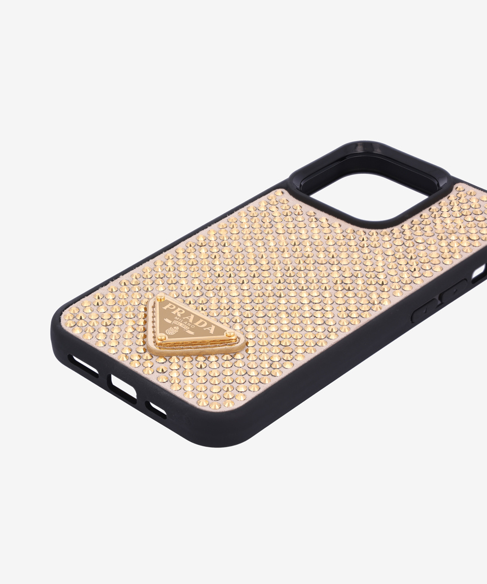 PRADA*Iphone13Pro用 ロゴ入ゴールドストーンアイフォンケース