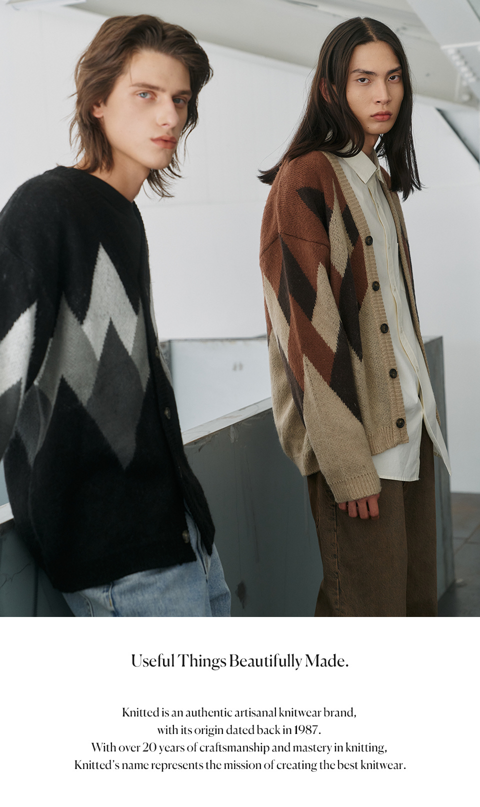 ★手元在庫割引★KNITTED★BULKY BRUSH ARGYLE KNIT MUSINSA | KNITTED Bulky Brush Argyle Cardigan DARK BLACK