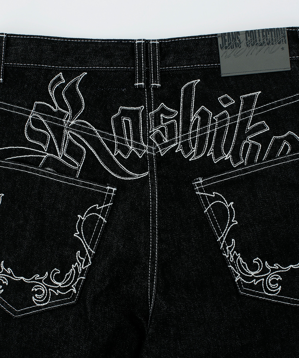 MUSINSA公式 | KASHIKO Embroidered Nonfade Denim Pants - Black