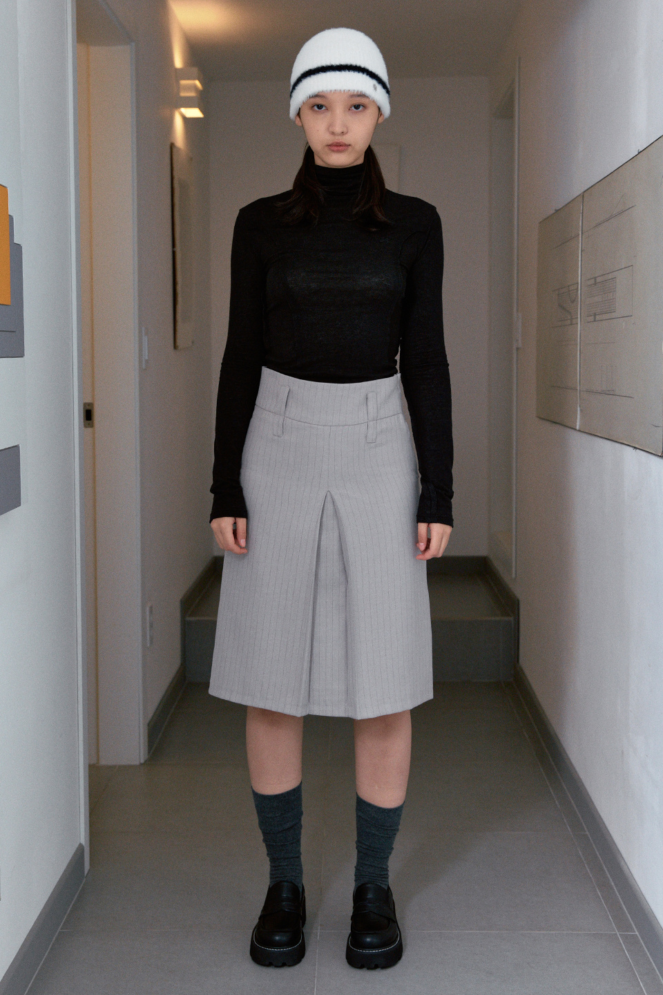スカート [SINOON] SEMI LOW RISE STRIPE MIDI SKIRT SINOON