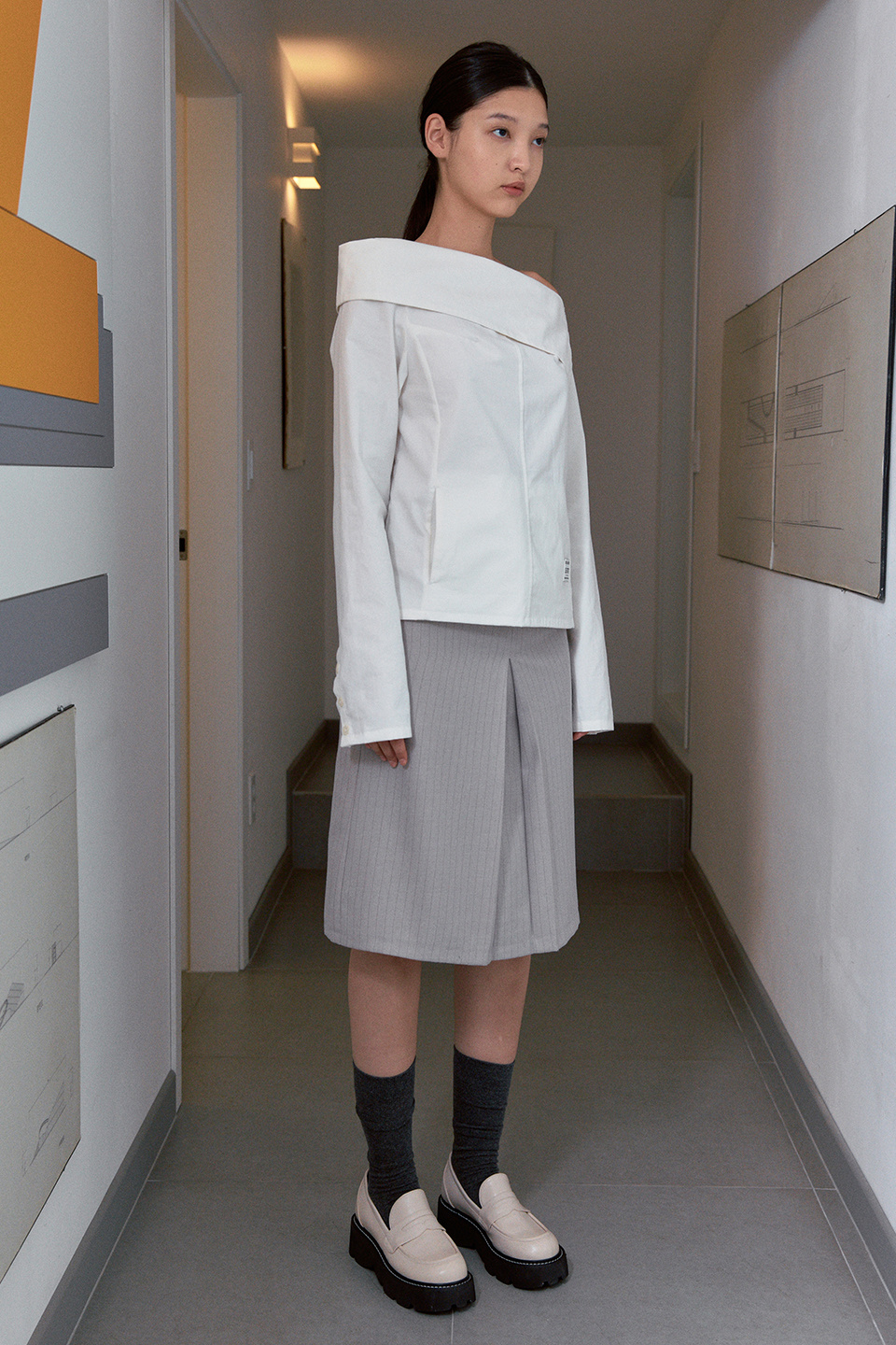 スカート [SINOON] SEMI LOW RISE STRIPE MIDI SKIRT SINOON
