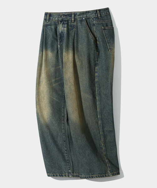 ASI ESSENTIAL ONE-TUCK WIDE DENIM PANTS_YELLOW WASHING