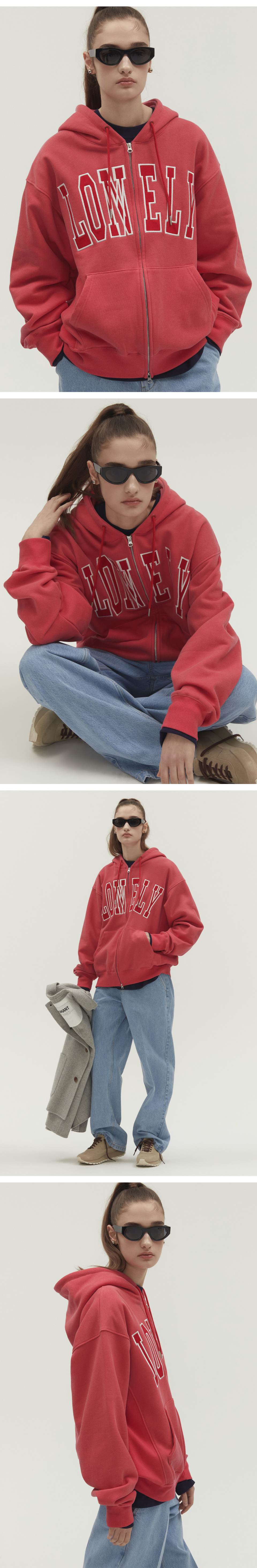 LONELY/LOVELY WASHED HOODIE ZIP-UP_SOFT RED 상세 이미지 2