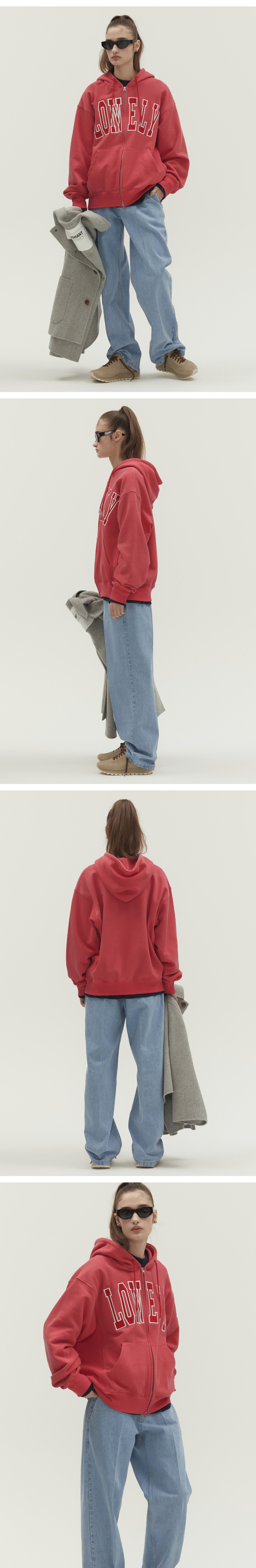 LONELY/LOVELY WASHED HOODIE ZIP-UP_SOFT RED 상세 이미지 1
