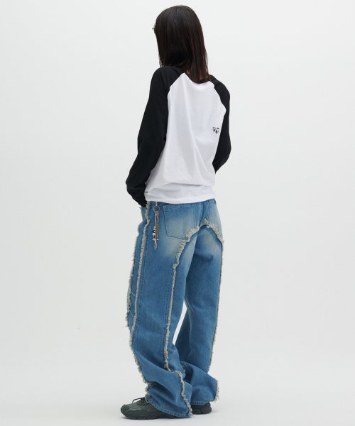 WASHED INCISION WIDE DENIM PANTS [BLUE]