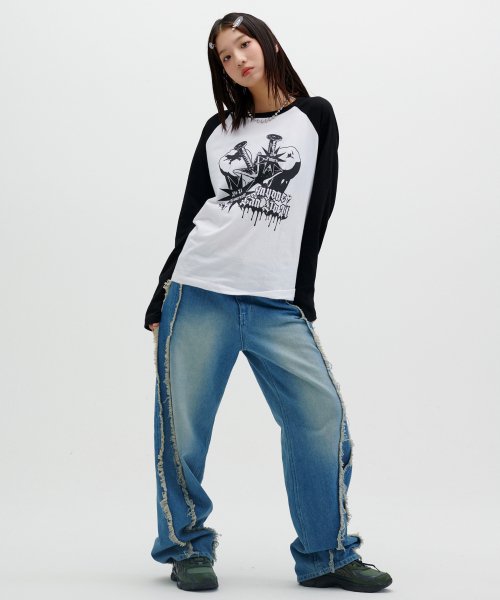 WASHED INCISION WIDE DENIM PANTS [BLUE]