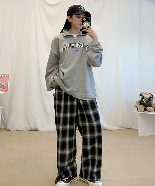 MUAH CHECK WIDE BANDING PANTS [BLACK]