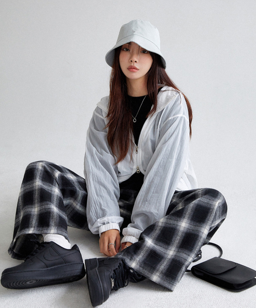 MUAH CHECK WIDE BANDING PANTS [BLACK]