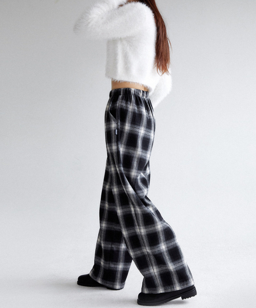 MUAH CHECK WIDE BANDING PANTS [BLACK]