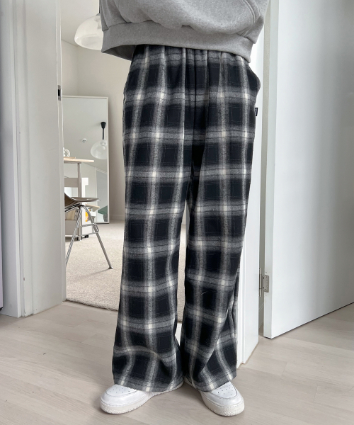 MUAH CHECK WIDE BANDING PANTS [BLACK]