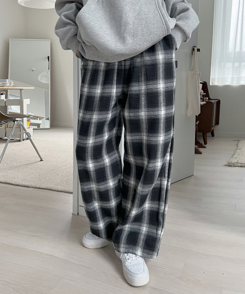 MUAH CHECK WIDE BANDING PANTS [BLACK]
