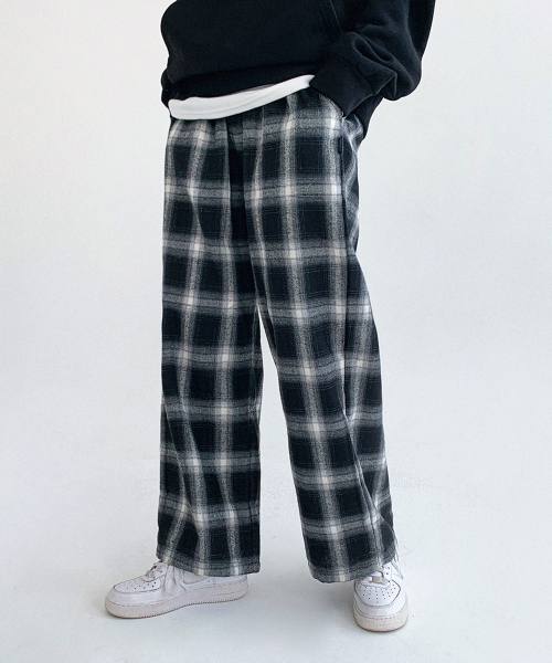 MUAH CHECK WIDE BANDING PANTS [BLACK]