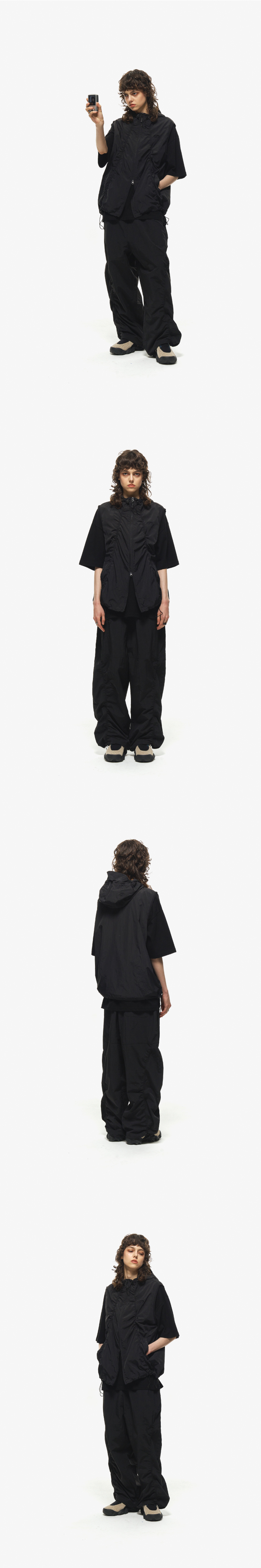 SHIRRING WIDE NYLON PANTS - 3 COLORS BLACK