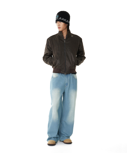 Piping Leather Blouson (Brown)