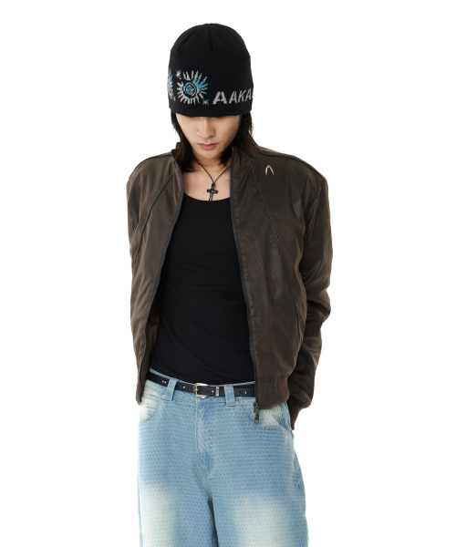 Piping Leather Blouson (Brown)