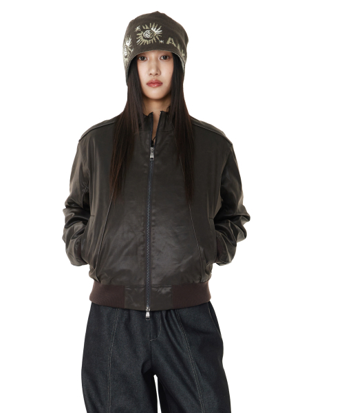 Piping Leather Blouson (Brown)