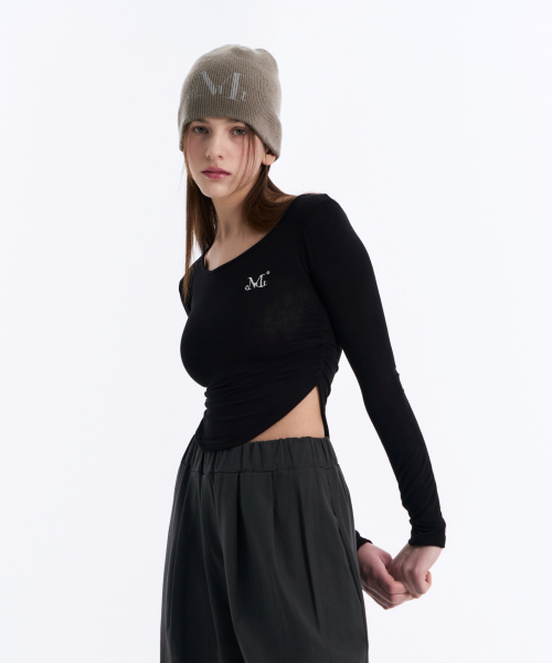 Signature logo u neck shirring T (3color)