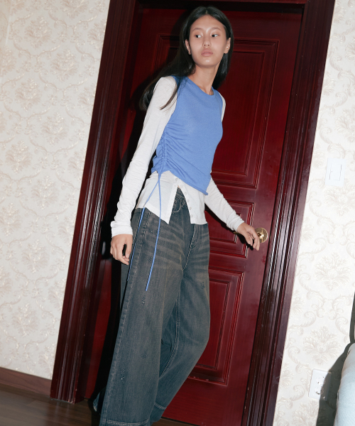 DRAWSTRING SHIRRING TOP - BLUE