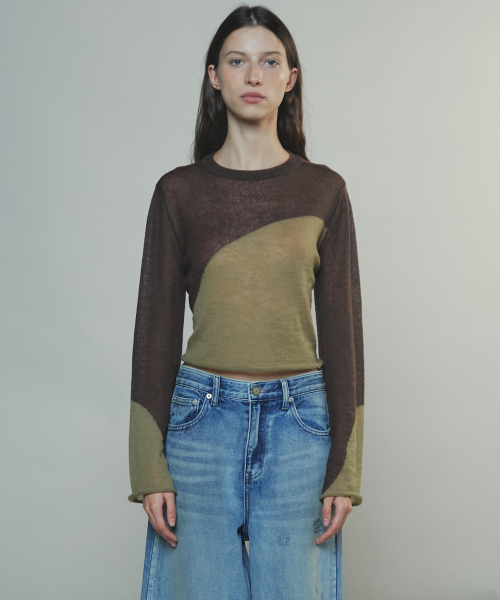 TWO TONE DRAWSTRING CROP TOP - BROWN