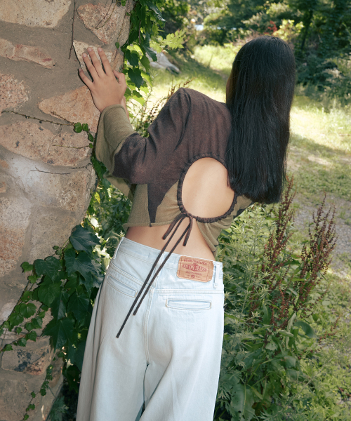 TWO TONE DRAWSTRING CROP TOP - BROWN