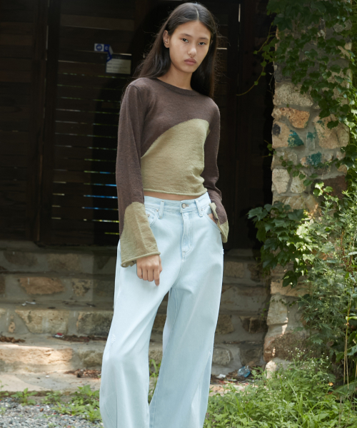 TWO TONE DRAWSTRING CROP TOP - BROWN