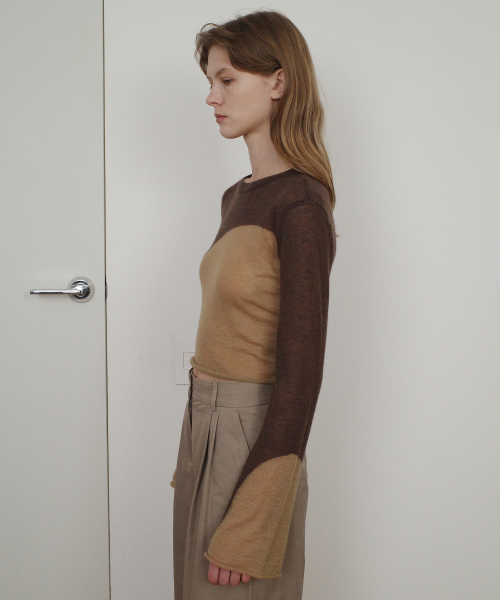 TWO TONE DRAWSTRING CROP TOP - BROWN