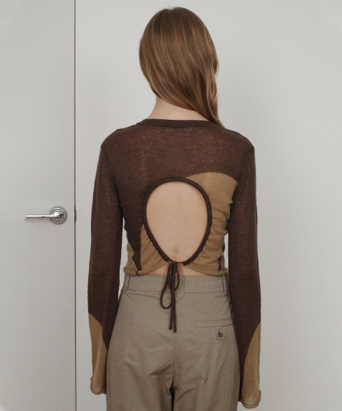 TWO TONE DRAWSTRING CROP TOP - BROWN