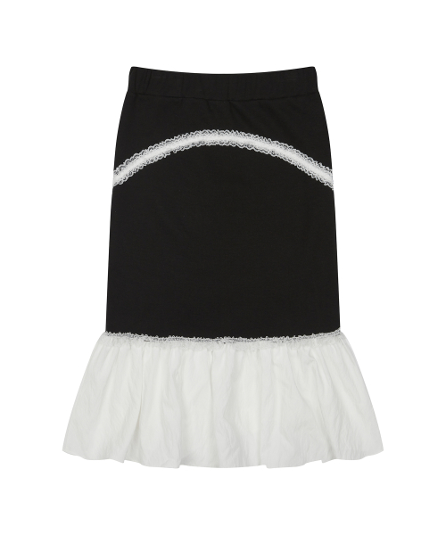 CURVED L LACE MIDI SKIRT(BLACK)
