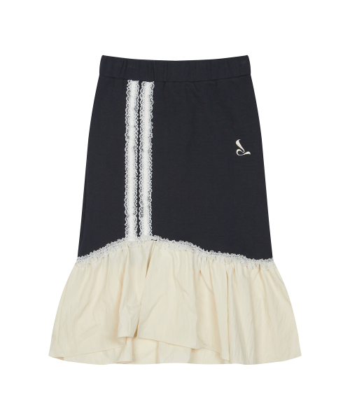 CURVED L LACE MIDI SKIRT(NAVY)