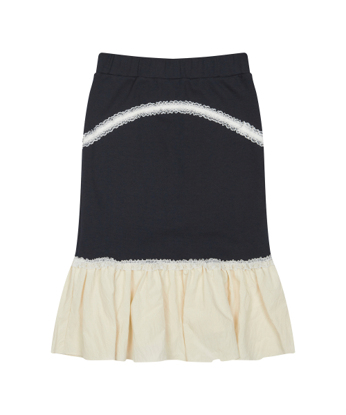 CURVED L LACE MIDI SKIRT(NAVY)