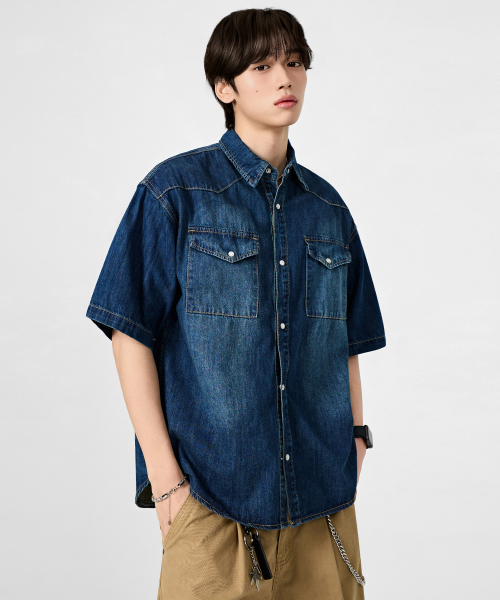 BIO WASHING WESTERN DENIM HALF SHIRT_INDIGO