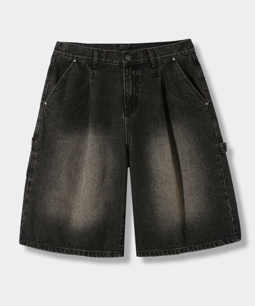 BIO WASHING CARPENDER BERMUDA DENIM PANTS_BLACK