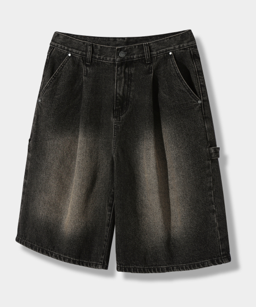 BIO WASHING CARPENDER BERMUDA DENIM PANTS_BLACK