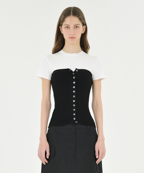 W Button Knit Bustier, Black