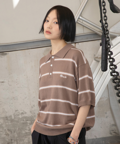 GNT016 몹스터 스트라이프 카라 니트 (KHAKI BEIGE)