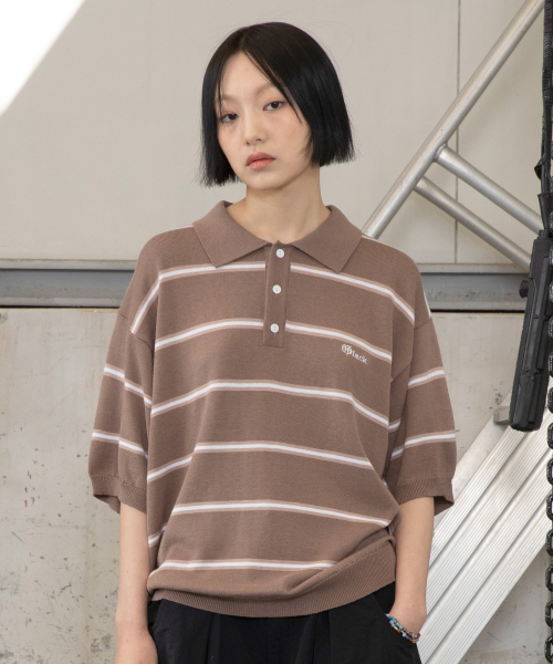 GNT016 몹스터 스트라이프 카라 니트 (KHAKI BEIGE)
