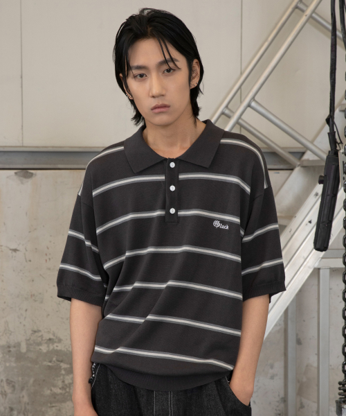 GNT016 몹스터 스트라이프 카라 니트 (CHARCOAL GRAY)