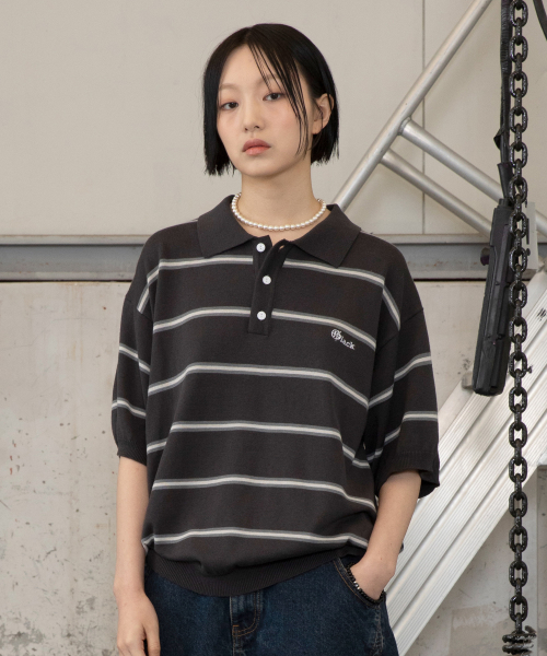 GNT016 몹스터 스트라이프 카라 니트 (CHARCOAL GRAY)
