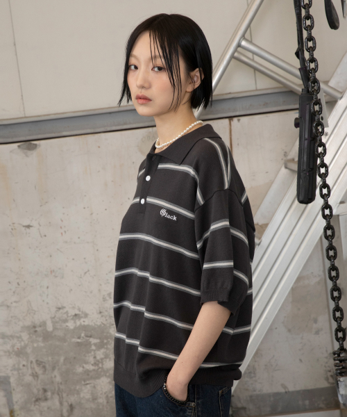 GNT016 몹스터 스트라이프 카라 니트 (CHARCOAL GRAY)