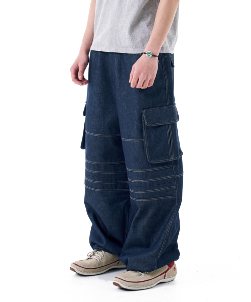 Stitched Denim Wide Cargo Pants (Blue)