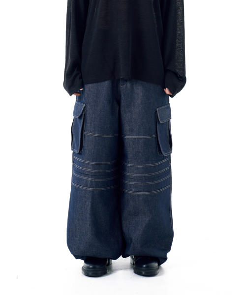 Stitched Denim Wide Cargo Pants (Blue)