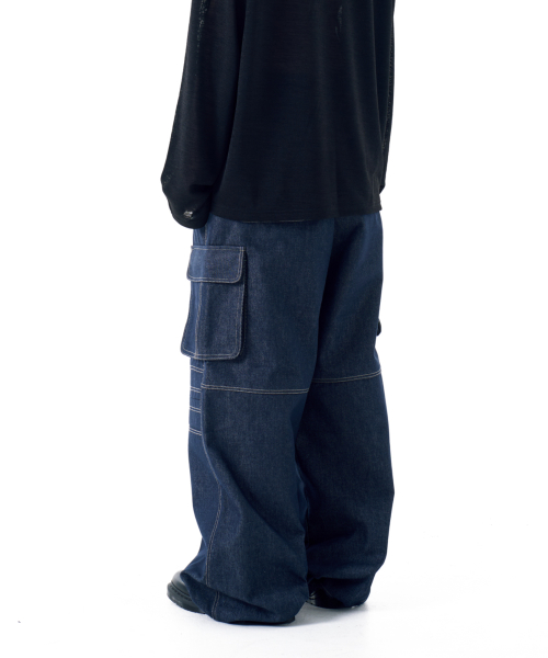 Stitched Denim Wide Cargo Pants (Blue)