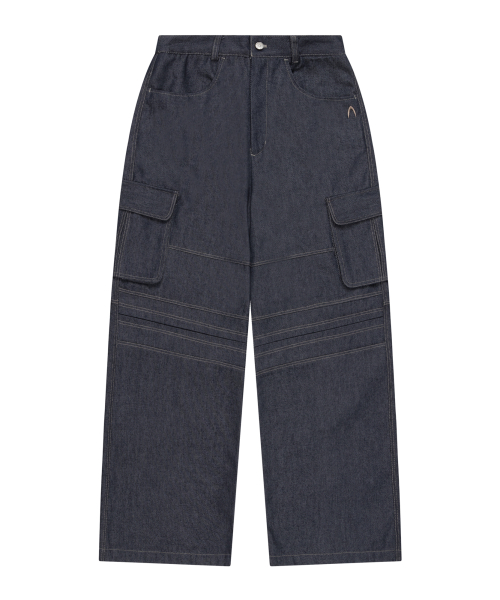 Stitched Denim Wide Cargo Pants (Blue)