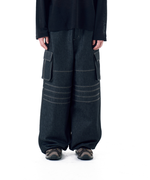 Stitched Denim Wide Cargo Pants (Black)