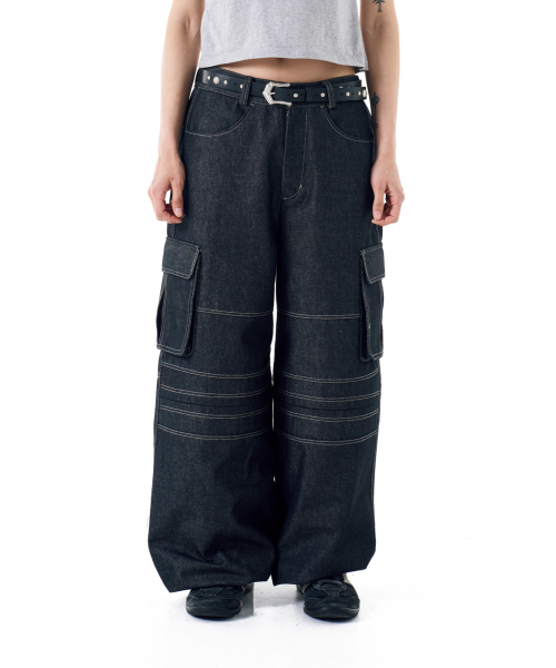 Stitched Denim Wide Cargo Pants (Black)