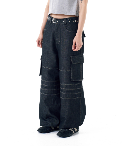Stitched Denim Wide Cargo Pants (Black)